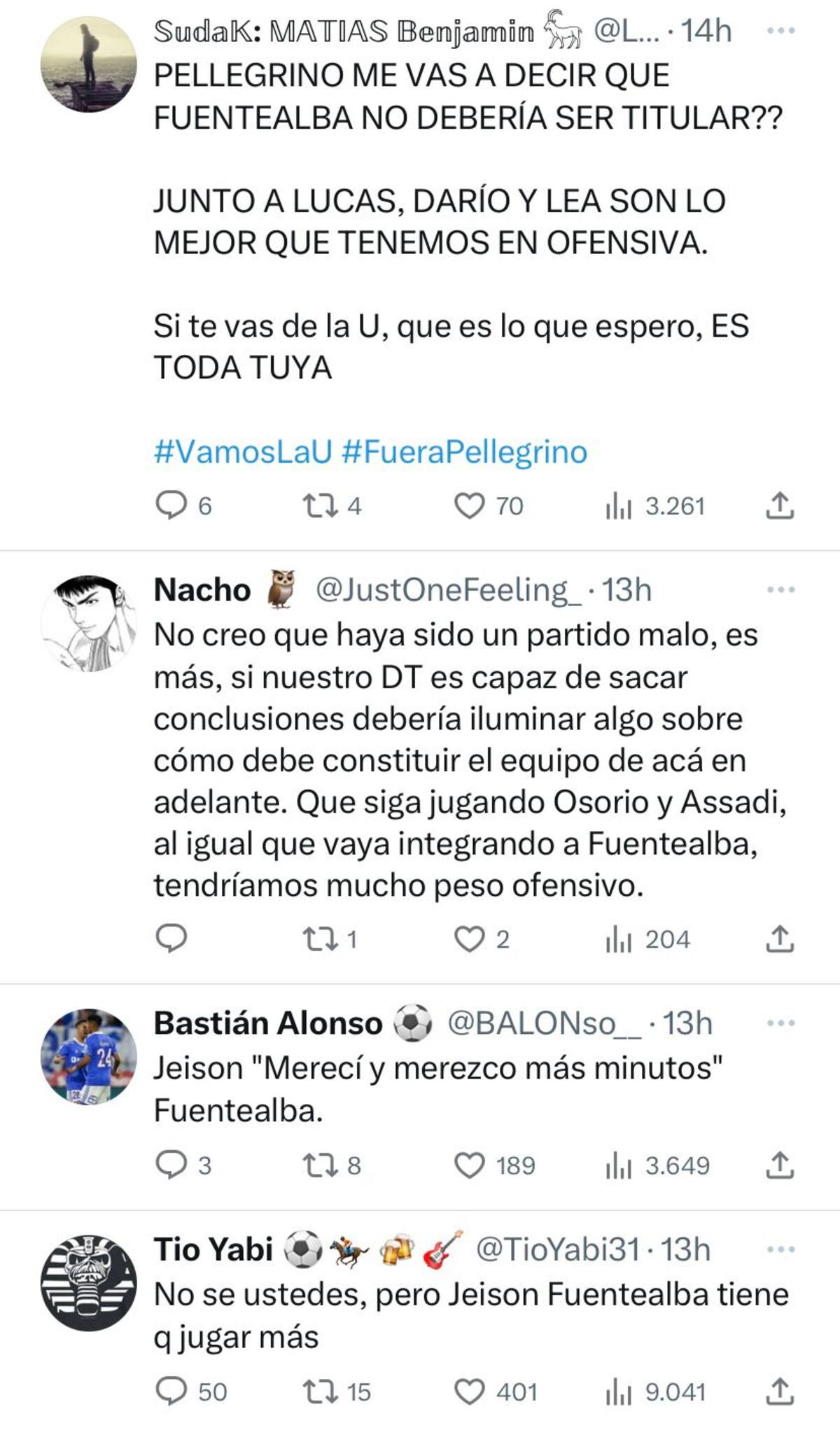 Comentarios de hinchas de la U pidiendo la titularidad de Jeison Fuentealba.