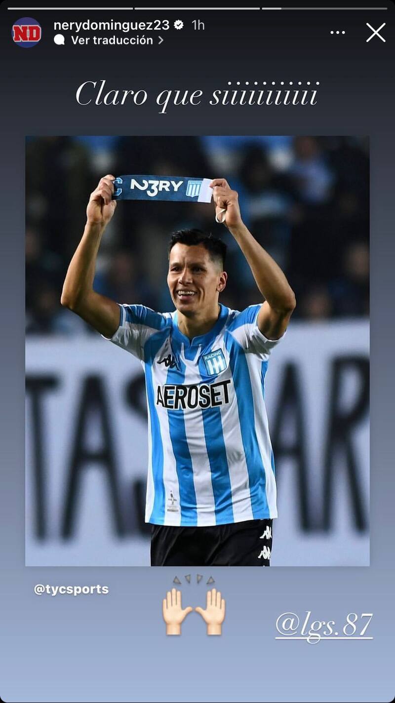 El zaguero de la U, Nery Domínguez, compartió en sus redes sociales el festejo que le dedicó Sigalli en triunfo de Racing sobre Boca Juniors.