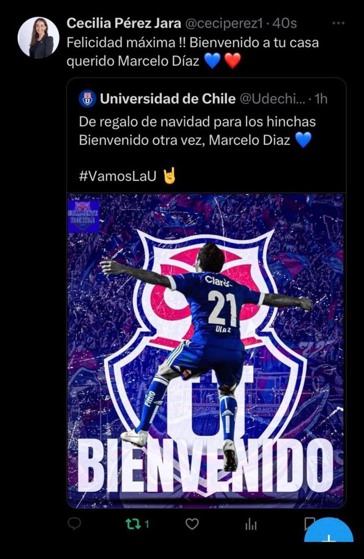 Cecilia Pérez cayó en la broma de un hincha de la U y "anunció" el fichaje de Marcelo Díaz.