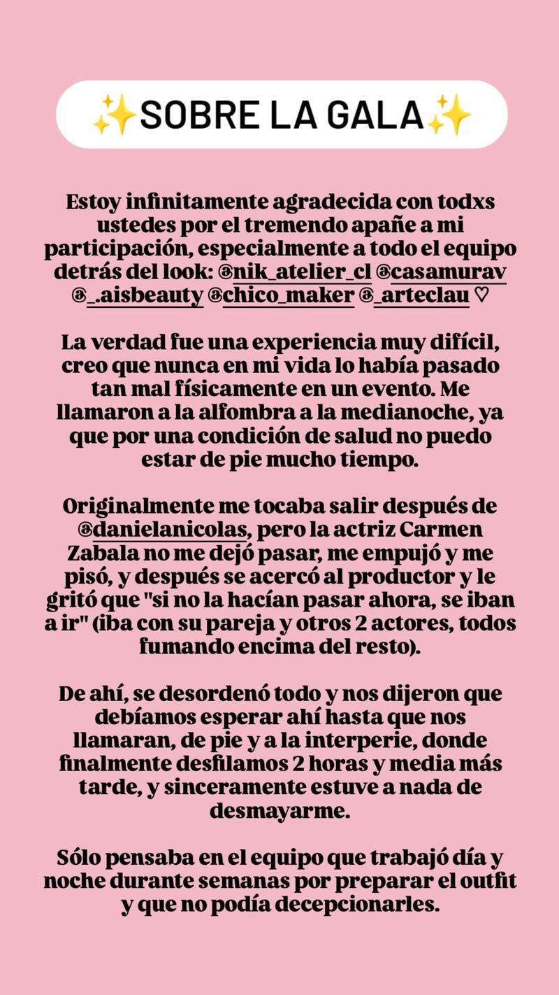 Esta es una de las historias de Instagram de Valentina Muñoz contando su versión de los hechos.