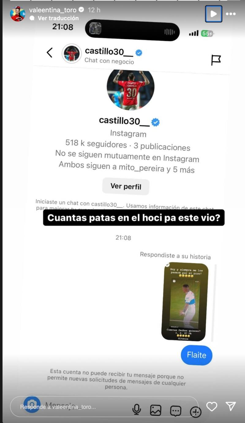 Valentina Toro respondió a Nicolás Castillo en Instagram.
