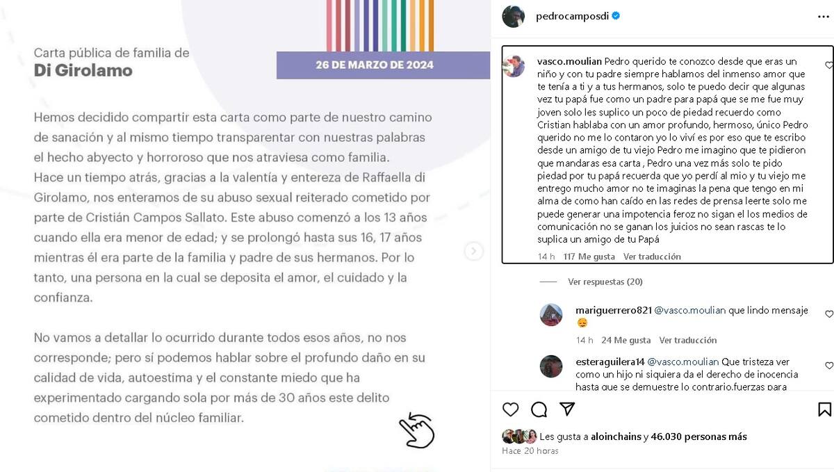 Vasco Moulián comentó la publicación de Pedro Campos. Créditos: Instagram