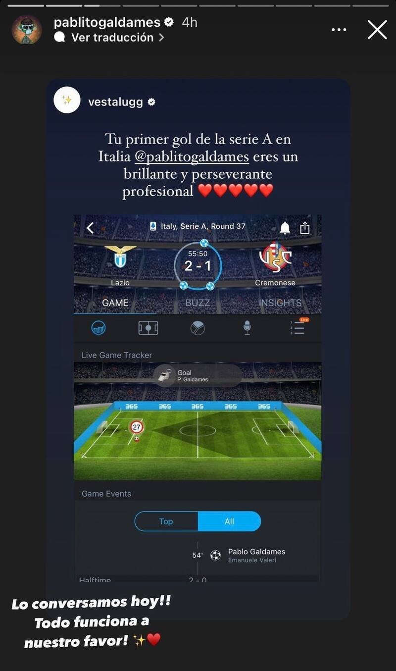 Los mensajes que intercambiaron Vesta Lugg y Pablo Galdames en redes. Créditos: Instagram.