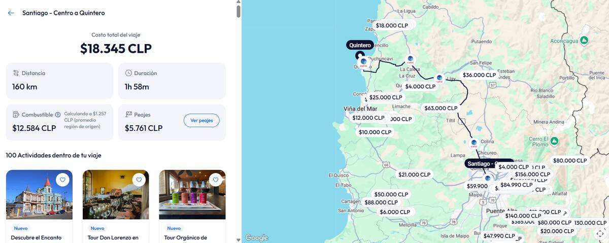El recorrido tiene un precio de $18.345 en automóvil particular, considerando peajes y combustible. Créditos: Chiletur Copec.