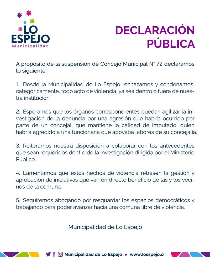 Este fue el comunicado publicado por la Municipalidad. Créditos: Municipalidad Lo Espejo.