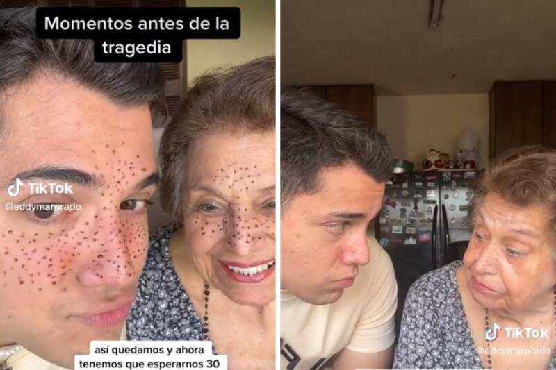 Abuelita y su nieto se hacen pecas de henna.