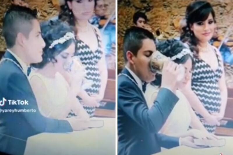 Novio se toma el vino en la boda y se hace viral.