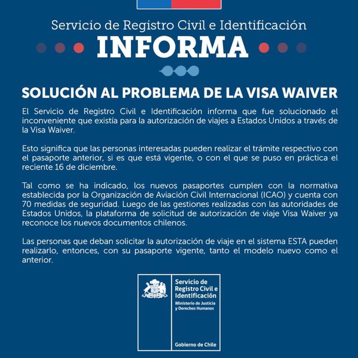 Comunicado hecho ante la solución del problema con la Visa Waiver.