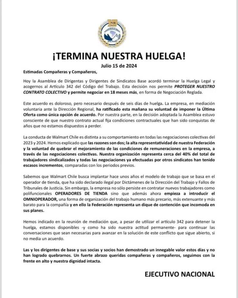 Comunicado publicado en la Federación Nacional Trabajadores/as Walmart.