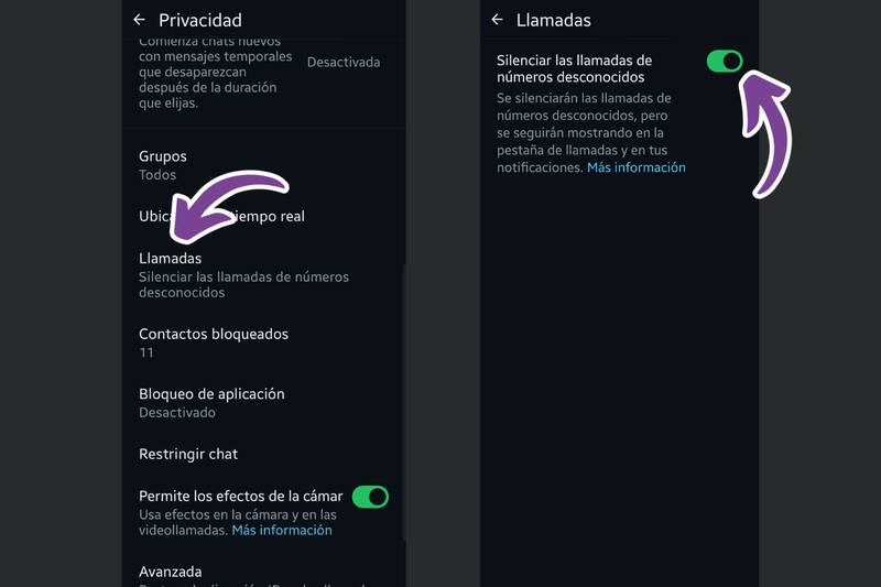 Debes activar esta opción para silenciar llamadas de desconocidos.