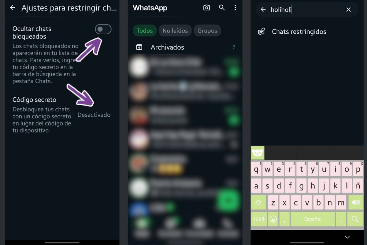 Si activas el código secreto, solo escribiéndolo en la parte de la búsqueda aparecerán los chats restringidos.