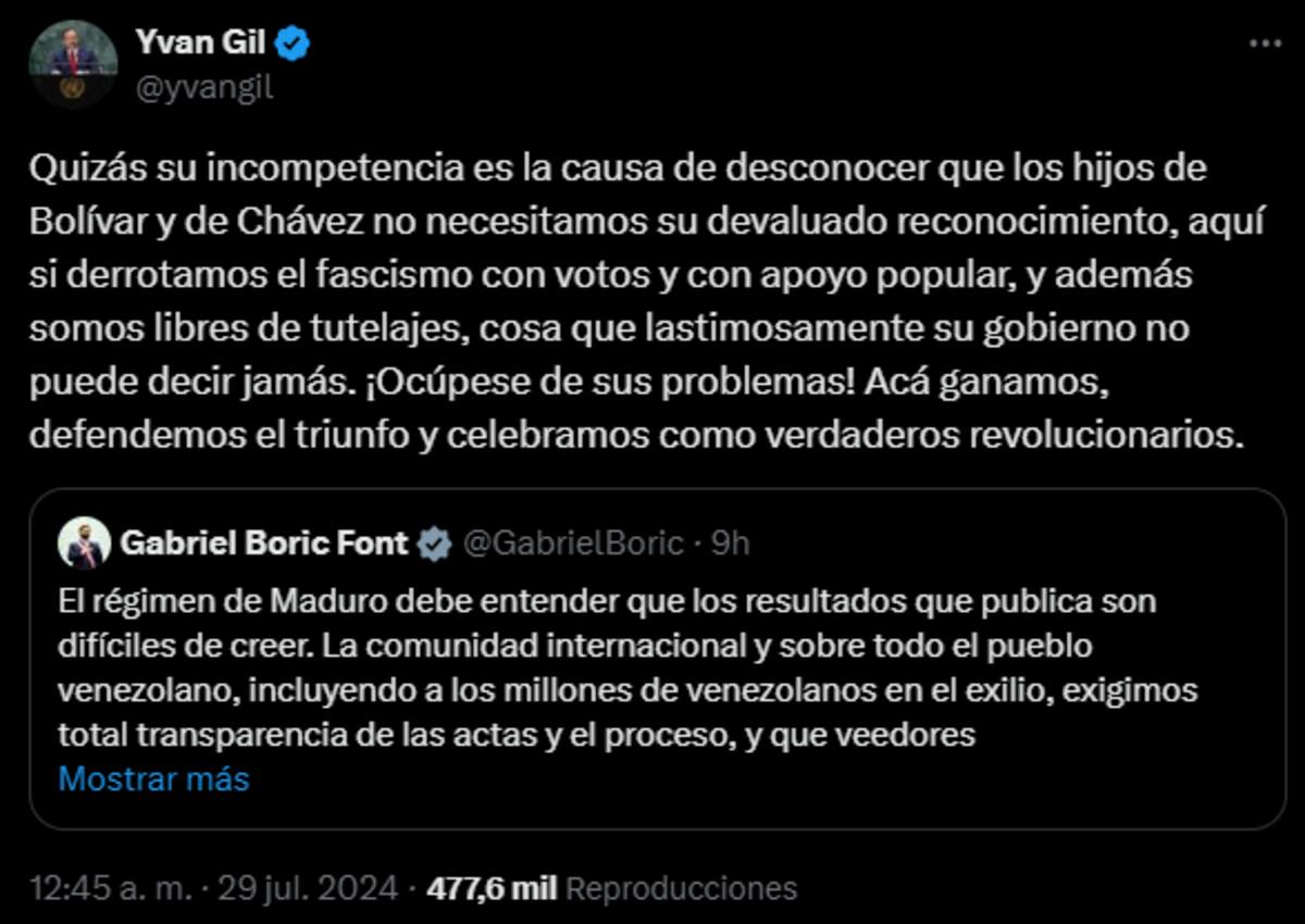 El canciller respondiéndole al Presidente Boric.