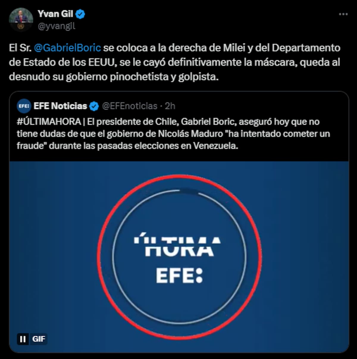 El mensaje del canciller contra Gabriel Boric.