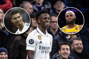 Vinícius presume un impresionante mural de Cristiano Ronaldo y LeBron James en el gimnasio de su casa