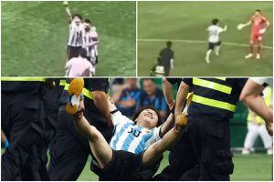 Hincha invadió la cancha, abrazó a Lionel Messi, saludó a Dibu Martínez y fue expulsado entre seis guardias