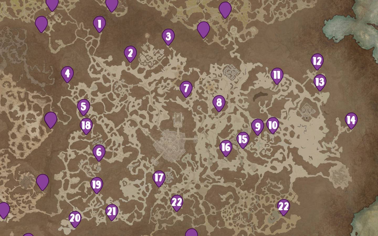 Mapa con números de las ubicaciones de los calabozos en las Cimas Quebradas de Diablo IV.