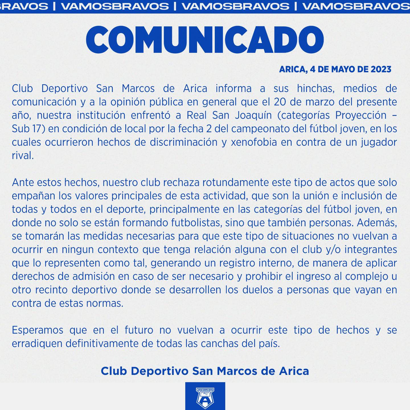 San Marcos de Arica comunicado por discriminación en fútbol chileno.
