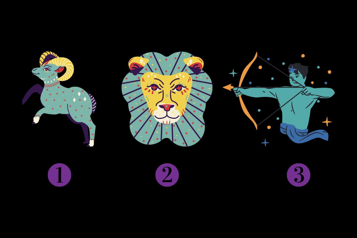 Neste teste de personalidade estão os símbolos de alguns signos do zodíaco: o primeiro é Áries, o segundo é Leão e o terceiro é Sagitário.