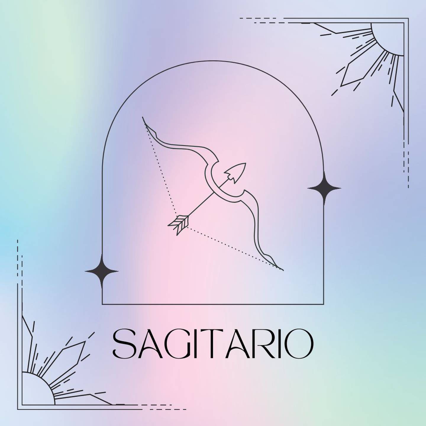 Dibujado en negro, el símbolo de Sagitario aparece enmarcado sobre un fondo de suaves colores pastel.