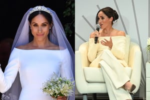Meghan Markle canaliza su vestido de novia con hermoso look con el hombro al descubierto